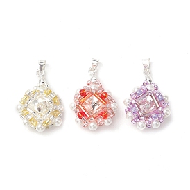 Glass Rhinestone with Acrylic Pearl Pendants, Flower, Silver