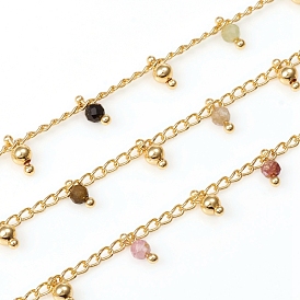 Handmade Faceted Natural Gemstone Beaded Chains, Brass Curb Chains, Soldered, with Spool, Long-Lasting Plated, Golden