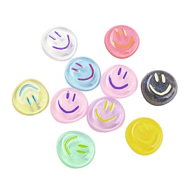 Transparent Resin Glitter Cabochons, Flat Round with Smiling Face