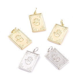 Brass Pendants, with Jump Rings, Long-Lasting Plated, Rectangle with Hamsa Hand/Hand of Fatima/Hand of Miriam