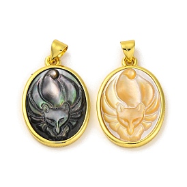 Natural Shell Carved Nine Tailed Fox Pendants, Rack Plating Brass Oval Charms, Golden