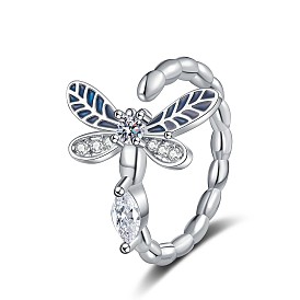 Dragonfly Brass Micro Pave Clear Cubic Zirconia Cuff Rings for Women, with Enamel