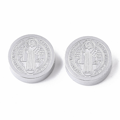 304 Stainless Steel Beads, Flat Round with Saint Benedict Medal