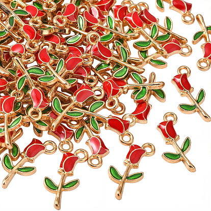 100Pcs Alloy Enamel Pendants, Rose Shape, Light Gold