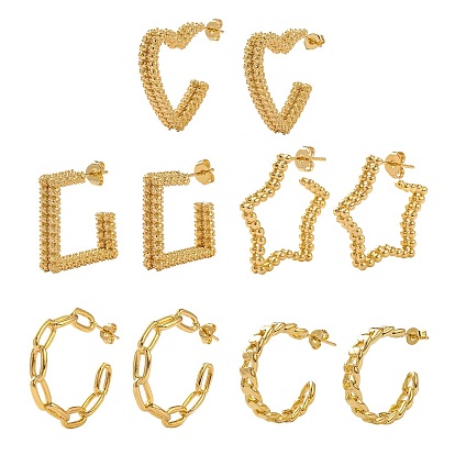5 Pairs 5 Style Brass Half Hoop Earrings, C-shape & Star & Heart & Square Stud Earrings for Women