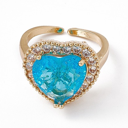 Deep Sky Blue Glass Heart Open Cuff Ring with Cubic Zirconia, Brass Jewelry for Women