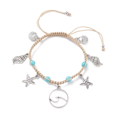 Synthetic Turquoise Braided Bead Bracelet, Starfish & Shell & Wave Alloy Charms Adjustable Bracelet for Women