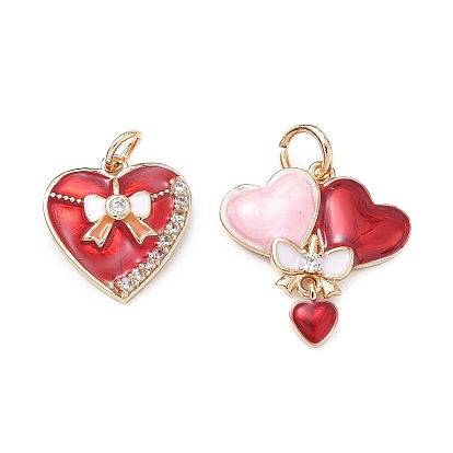 Colgantes de latón con esmalte, con diamantes de imitación de cristal, encantos del corazón, dorado