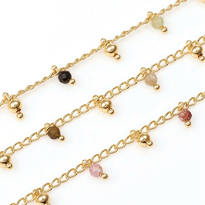 Handmade Faceted Natural Gemstone Beaded Chains, Brass Curb Chains, Soldered, with Spool, Long-Lasting Plated, Golden