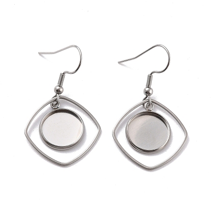 201 Stainless Steel Earring Hooks, with Quadrangle Blank Pendant Trays, Flat Round Setting for Cabochon