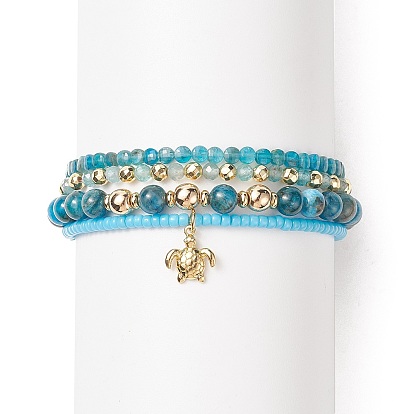 4Pcs 4 Style Natural Apatite & Glass Seed Beaded Stretch Bracelets Set, Brass Tortoise Charms Stackable Bracelets for Women