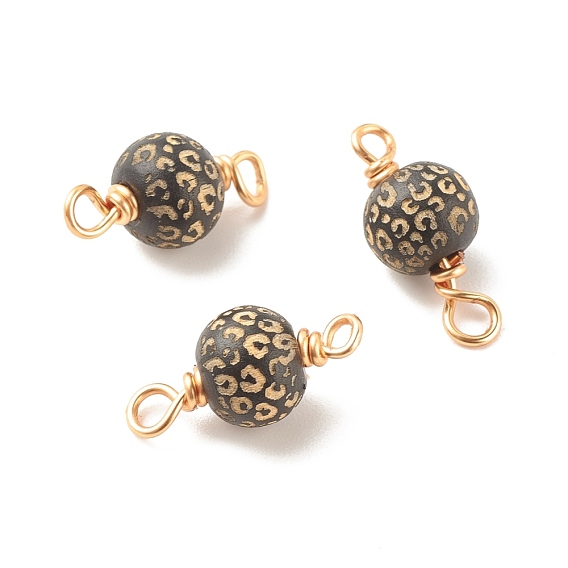 Laser Cut Wooden Connector Charms, with Golden Tone Copper Wire Loops, Round
