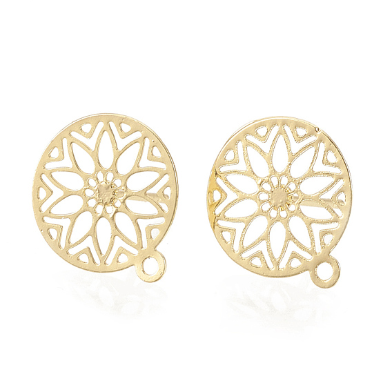 Brass Stud Earring Findings, with Loop, Flat Round with Flower, Nickel Free