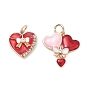Brass with Enamel Pendants, with Crystal Rhinestone, Heart Charms, Golden