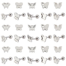 Unicraftale 20 Pairs 5 Styles 304 Stainless Steel Barbell Cartilage Earrings, Screw Back Earrings, Butterfly