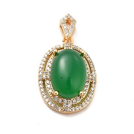 Brass Micro Pave Clear Cubic Zirconia Pendants, with Green Glass, Oval Charm