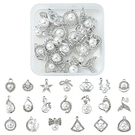 20Pcs 20 Style Alloy Crystal Rhinestone Pendants, with ABS Plastic Imitation Pearl Beaded, Crown & Deer & Star & Flower & Heart & Moon & Bowknot & Fishtail Charms