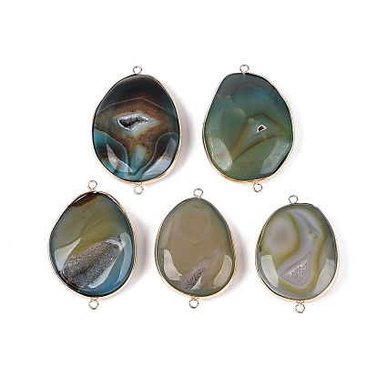Natural Agate Connector Charms, Nuggets Links, with Brass Findings, Dyed & Heated