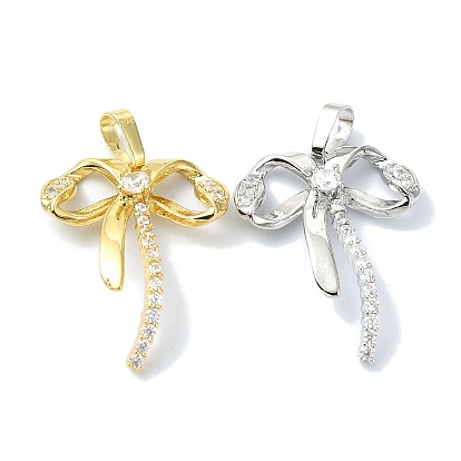 Rack Plating Brass Pave Cubic Zirconia Pendants, Bowknot, Long-Lasting Plated, Lead Free & Cadmium Free