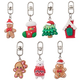 7Pcs 7 Styles Christmas Resin Pendant Decoration, Alloy Swivel Clasps Charm for Bag Ornaments, Mixed Shapes