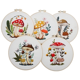 DIY Mushroom Pattern Embroidery Kits for Beginner, Including Printed Cotton Fabric, Embroidery Thread & Needles, Round Embroidery Hoop