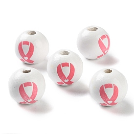 Printed Wood European Beads, October Breast Cancer Pink Awareness Ribbon, Round