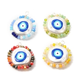 Gemstone Pendants, with ABS Plastic Imitation Pearl Beads, Opaque Glass Beads and Brass Findings, Flat Round with Evil Eye