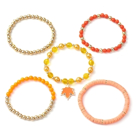 5Pcs 5 Styls Autumn Acrylic & Polymer Clay & Plastic Round Beaded Stretch Bracelet Sets, Maple Leaf Charm Bracelets