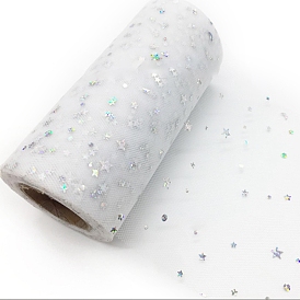 Sparkle Polyester Tulle Fabric Rolls, Mesh Ribbon Spool with Silver Tone Star & Moon & Sun Sequins, for Wedding and Decoration