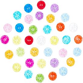 2-Hole Resin Buttons, Flat Round with Flower