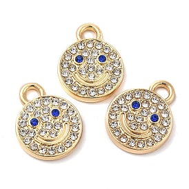 Alloy Rhinestone Pendants, Cadmium Free & Nickel Free & Lead Free, Flat Round with Smiling Face Charms