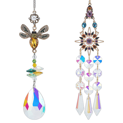 2 шт. 2 стили стеклянные оконные подвесные ловцы солнца, с разноцветными стеклянными стразами и украшениями из сплава, солнце и пчела