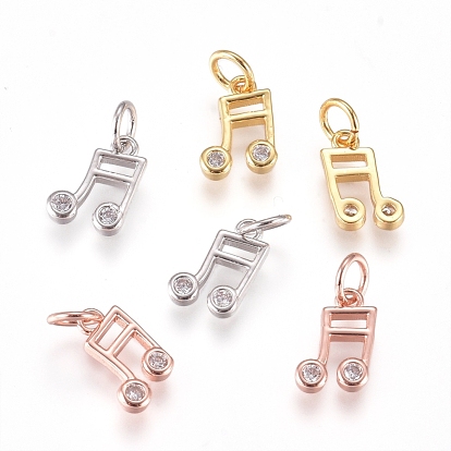 Brass Charms, with Cubic Zirconia and Jump Rings, Musical Note, Clear