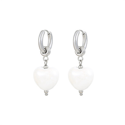304 Stainless Steel Dangle Hoop Earrings, with Imitation Pearl Heart Charms