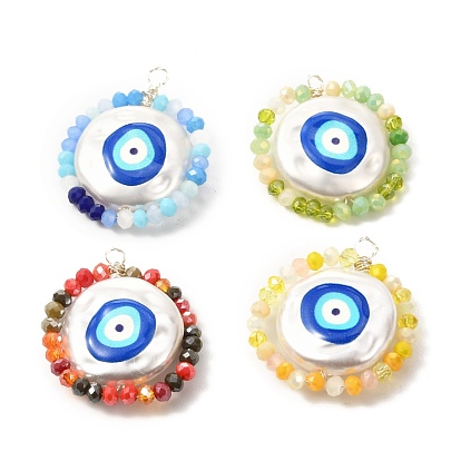 Gemstone Pendants, with ABS Plastic Imitation Pearl Beads, Opaque Glass Beads and Brass Findings, Flat Round with Evil Eye