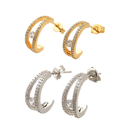 Серьги-гвоздики из латуни в форме буквы С с микропаве из прозрачных кубических цирконий, стойки покрытие, долговечный, без кадмия и без свинца