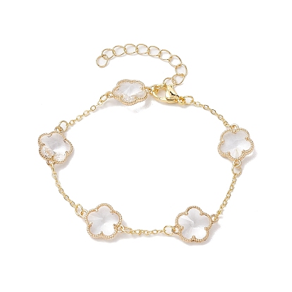 Glass Flower Links Bracelet, Brass Cable Chains Jewelry for Women