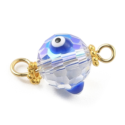 Transparent Evil Eye Glass Connector Charms, Faceted Round Links with Alloy Daisy Spacer Beads and Golden Plated 304 Stainless Steel Loops