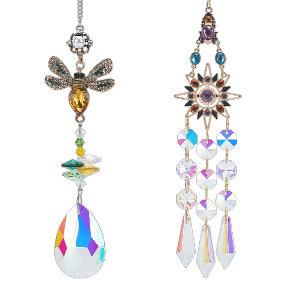 2 шт. 2 стили стеклянные оконные подвесные ловцы солнца, с разноцветными стеклянными стразами и украшениями из сплава, солнце и пчела