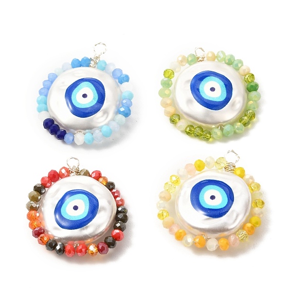 Gemstone Pendants, with ABS Plastic Imitation Pearl Beads, Opaque Glass Beads and Brass Findings, Flat Round with Evil Eye
