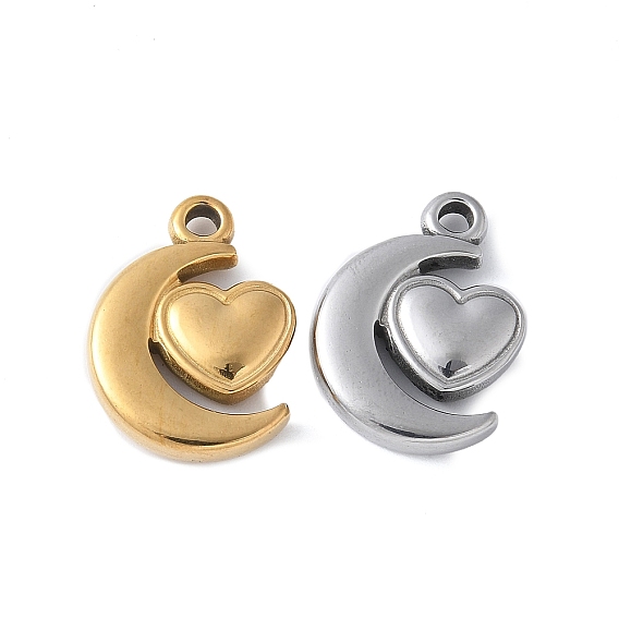 304 подвески из нержавеющей стали, луна с сердечным шармом, вакуумное покрытие pvd