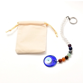 Natural Mixed stone with Evil Eye Lampwork Pendant, with 304 Stainless Steel Rings and Velvet Packing Bag, Flat Round