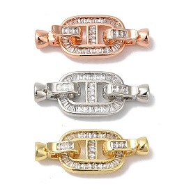 Rack Plating Brass Micro Pave Clear Cubic Zirconia Fold Over Clasps, Cadmium Free & Lead Free, Long-Lasting Plated, Oval