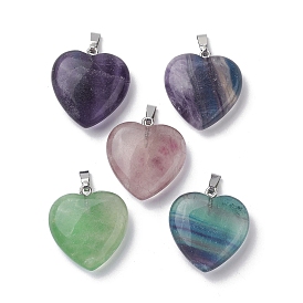 Pendentifs de fluorite naturelles, Breloques en forme de cœur avec fermoirs à pression en acier inoxydable plaqué couleur