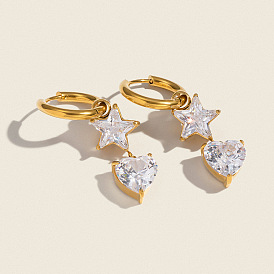 304 серьги-кольца из нержавеющей стали в форме звезды и сердца, с четким кубического циркония