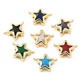 Rack Plating Brass Connector Charms, Star Links with Glass, Long-Lasting Plated, Real 18K Gold Plated, Lead Free & Cadmium Free