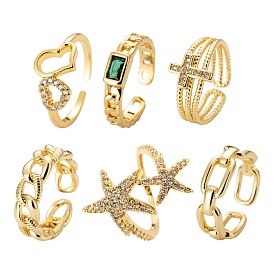 6Pcs 6 Styles Adjustable Brass Micro Pave Clear Cubic Zirconia Cuff Rings, Open Rings, Long-Lasting Plated, Curb Chain & Cable Chain & Heart & Cross & Starfish