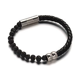 Leather Cord Bracelets, with Lava Rock Beads & 304 Stainless Steel Magnetic Clasps, 51x63mm