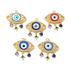 Evil Eye Rack Plating Brass Cubic Zirconia Pendants, with Glass, Lead Free & Cadmium Free, Long-Lasting Plated, with Jump Ring