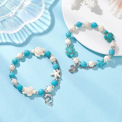 2шт. синтетические бирюзовые браслеты с бусинами, Браслеты из сплава с подвесками в виде морской звезды, черепахи и дельфина